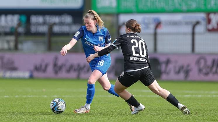 from left Sarah Schulte SV Meppen, 16 and Katharina Reikersdorfer FC Ingolstadt 04, 20 in a duel, dynamic, action, action, game scene, THE DFB GUIDELINES PROHIBIT ANY USE OF PHOTOGRAPHS AS IMAGE SEQUENCES AND OR QUASI VIDEO DFB REGULATIONS PROHIBIT ANY USE OF PHOTOGRAPHS AS IMAGE SEQUENCES AND OR QUASI VIDEO , 17 03 2024, Meppen Germany , Football, 2 Women Bundesliga, SV Meppen FC Ingolstadt 04 xobx