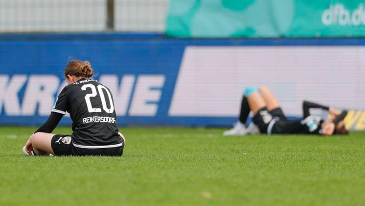 17 03 2024, Hänsch Arena, Meppen, GER, Football, Soccer, 2 Bundesliga, Women SV Meppen vs FC Ingolstadt, Frustration at Ingolstadt 20 after the 2 0 defeat DFL REGULATIONS PROHIBIT ANY USE OF PHOTOGRAPHS AS IMAGE SEQUENCES AND OR QUASI VIDEO Meppen Lower Saxony Germany Hänsch Arena
