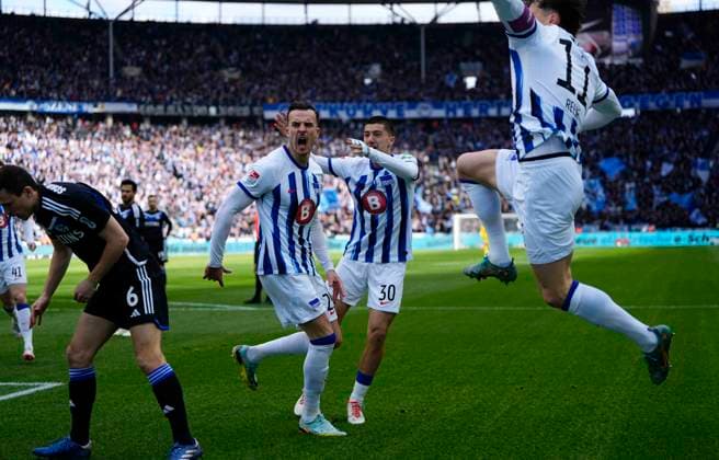 Germany, Berlin, 17 03 2024, Olympic Stadium, Hertha BSC vs FC Schalke 04 2 Bundesliga, Haris Tabakovic Hertha Berlin celebrates the teams first goal Berlin Olympic Stadium Berlin Germany eu-images-659
