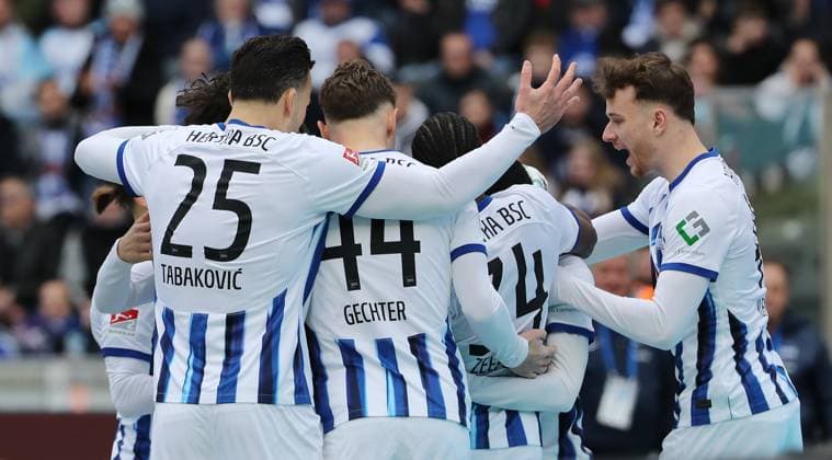 Haris Tabakovic cheers after 1 0 joy emotion jubilation Sport Football Soccer DFL 2 Bundesliga Men 26 Matchday Season 2023 2024 17 03 2024 Hertha BSC Berlin vs FC Schalke 04 DFL regulations prohibit any use of photographs as image sequences and or quasi video