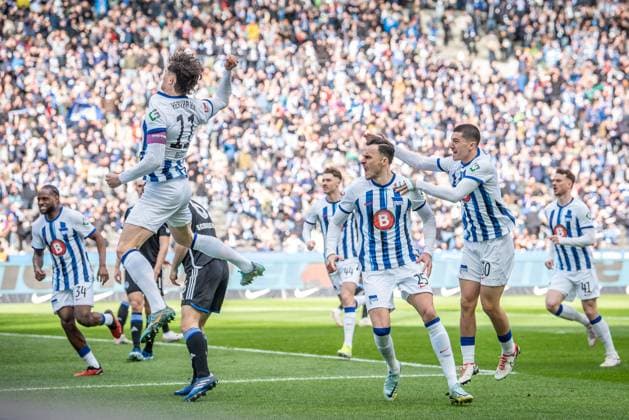 2 Soccer Bundesliga, Hertha BSC vs. FC Schalke 04 Berlin, 17 03 2024 Cheers for 1 0 by Haris Tabakovic Hertha BSC, 25 , Fabian Reese Hertha BSC, 11 , Ibrahim Maza Hertha BSC, 30 2 Soccer Bundesliga, Hertha BSC vs. FC Schalke 04, Olympiastadion, Berlin, 17 03 2024 DFL REGULATIONS PROHIBIT ANY USE OF PHOTOGRAPHS AS IMAGE SEQUENCES AND OR QUASI VIDEO Copyright: xBEAUTIFULxSPORTS LucianoxLimax