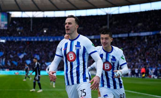 Germany, Berlin, 17 03 2024, Olympic Stadium, Hertha BSC vs FC Schalke 04 2 Bundesliga, Haris Tabakovic Hertha Berlin celebrates the teams first goal Berlin Olympic Stadium Berlin Germany eu-images-659