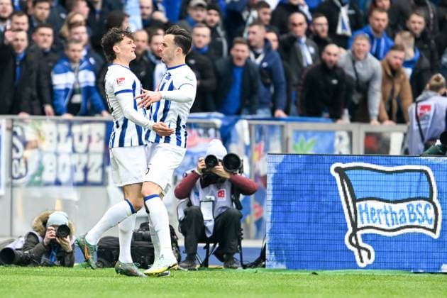 2 Bundesliga Hertha BSC Berlin FC Schalke 04 on 17 03 2024 at the Olympiastadion in Berlin Cheering, goal celebration, goal scorer, goal scorer Haris Tabakovic Hertha BSC Berlin cheers after his goal to 2 0 with Fabian Reese Hertha BSC Berlin MT