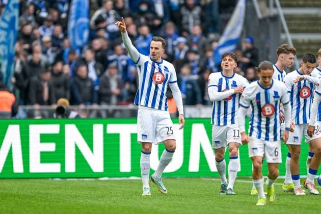 2 Bundesliga Hertha BSC Berlin FC Schalke 04 on 17 03 2024 at the Olympiastadion in Berlin Cheering, goal celebration, goal scorer, goal scorer Haris Tabakovic Hertha BSC Berlin cheers after his goal for 2 0 MT