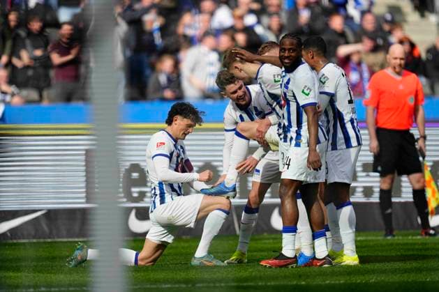 Germany, Berlin, 17 03 2024, Olympic Stadium, Hertha BSC vs FC Schalke 04 2 Bundesliga, Marten Winkler Hertha Berlin celebrates the teams third goal Berlin Olympic Stadium Berlin Germany eu-images-659