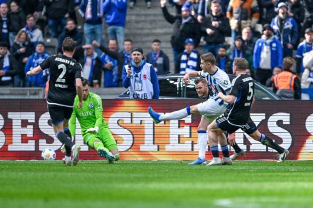 2 Bundesliga Hertha BSC Berlin FC Schalke 04 on 17 03 2024 at Olympiastadion in Berlin Goal for 3 2 Goalscorer Marten Winkler Hertha BSC Berlin with the goal for 3 2 MT