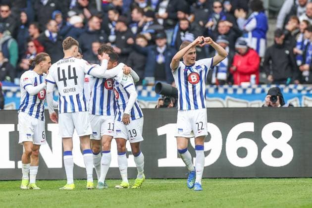 17 03 2024, Soccer, 2 Bundesliga, Matchday 26, Season 2023 2024, Hertha BSC FC Schalke 04, Marten Winkler Hertha BSC cheers after his goal to make it 4 to 2 Berlin Olympiastadion Berlin Germany xRHR PHOTO TRx Copyright: RHR-FOTOx RHR-FOTO TR