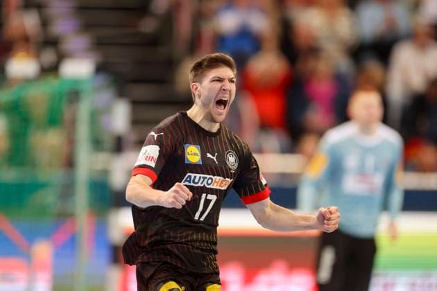 Lukas Zerbe Germany cheers, Handball 2024 IHF Men s Olympic Qualification Tournament, Austria vs Germany, ZAG Arena, 17 03 2024, Hannover, Germany