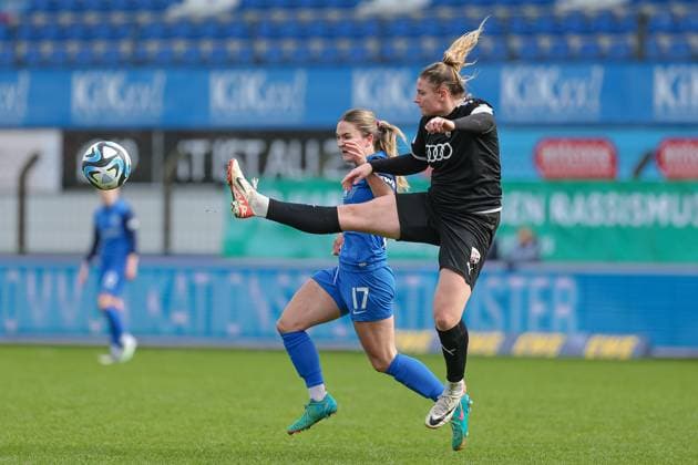 from left Noreen Günnewig SV Meppen, 17 and Lisa Ebert FC Ingolstadt 04, 10 in a duel, dynamic, action, action, game scene, THE DFB REGULATIONS PROHIBIT ANY USE OF PHOTOGRAPHS AS IMAGE SEQUENCES AND OR QUASI VIDEO , 17 03 2024, Meppen Germany , Football, 2 Womens Bundesliga, SV Meppen FC Ingolstadt 04 xobx
