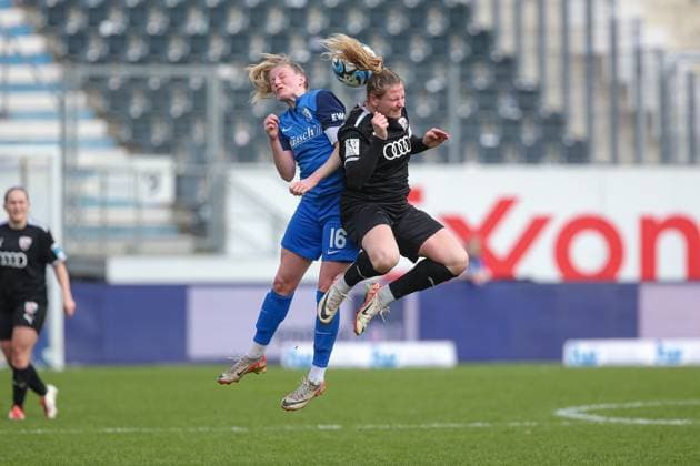 from left Sarah Schulte SV Meppen, 16 and Lisa Ebert FC Ingolstadt 04, 10 in header duel, header, duel, action, action, game scene, THE DFB REGULATIONS PROHIBIT ANY USE OF PHOTOGRAPHS AS IMAGE SEQUENCES AND OR QUASI VIDEO , 17 03 2024, Meppen Germany , Football, 2 Womens Bundesliga, SV Meppen FC Ingolstadt 04 xobx