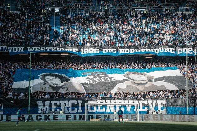 Soccer Men Season 2023 2024 2 Soccer Bundesliga 26 Matchday Hamburger SV vs SV Wehen Wiesbaden 17 03 2024 The Nordtribüne dedicates a choreo to Genevieve Fave from Westkurve 1986 to Nordtribüne 2024 38 years Merci Genevieve Hamburg Volksparkstadion Hamburg Germany
