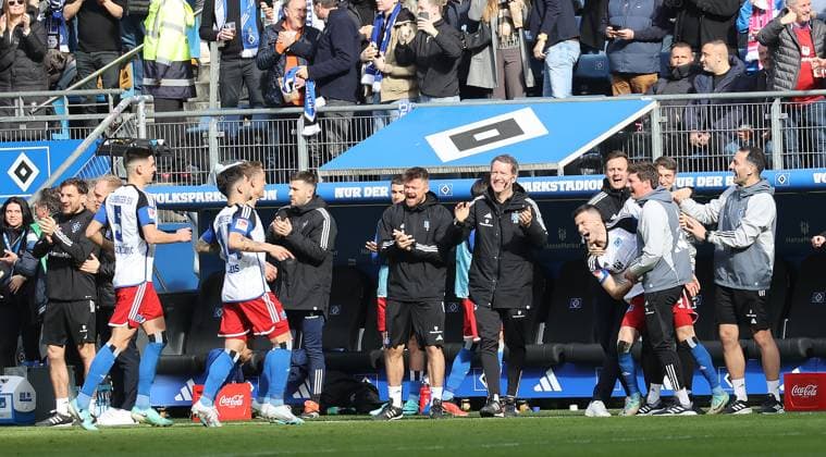 Goal celebration 2 0 Laszlo Benes HSV Football, Men, Season 2023 2024, 2 BL, Volksparkstadion, Hamburger SV vs SV Wehen Wiesbaden, 3 0 DFL REGULATIONS PROHIBIT ANY USE OF PHOTOGRAPHS AS IMAGE SEQUENCES AND OR QUASI VIDEO