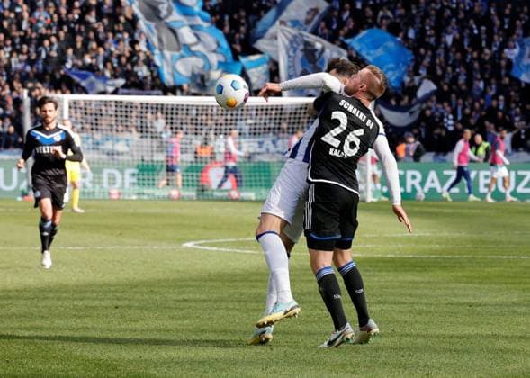 Haris Tabakovic, Hertha BSC, Thomas Kalas, FC Schalke 04, Germany, Berlin, Olympiastadion, Football, Men, Season 2023 2024, 2 Bundesliga, Matchday 26, Hertha BSC FC Schalke 04
