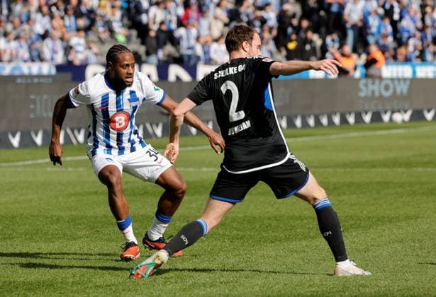 Deyovaisio Evan Zeefuik, Hertha BSC, Thomas Ouwejan, FC Schalke 04, Germany, Berlin, Olympiastadion, Football, Men, Season 2023 2024, 2 Bundesliga, Matchday 26, Hertha BSC FC Schalke 04