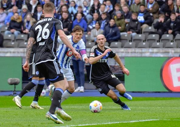 Soccer 2 Bundesliga, Hertha BSC FC Schalke 04 17 03 2024, xdanx, Soccer 2 Bundesliga, Hertha BSC FC Schalke 04, v l Tomas Kalas FC Schalke 04 26 ,Fabian Reese Hertha BSC 11 ,Henning Matriciani FC Schalke 04 41 ,duel, duel, fight, tackle DFL DFB REGULATIONS PROHIBIT ANY USE OF PHOTOGRAPHS as IMAGE SEQUENCES and or QUASI VIDEO Photo Daniel Lakomski Mix1 Berlin Olympiastadion Berlin Berlin Germany EN Copyright: xDanielxLakomskix