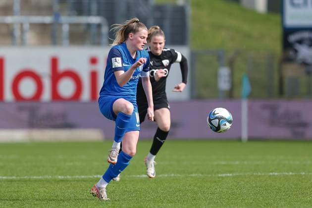 v li Sarah Schulte SV Meppen, 16 on the ball, single image, full body, action, action, game scene, THE DFB REGULATIONS PROHIBIT ANY USE OF PHOTOGRAPHS AS IMAGE SEQUENCES AND OR QUASI VIDEO , 17 03 2024, Meppen Germany , Football, 2 Womens Bundesliga, SV Meppen FC Ingolstadt 04 xobx