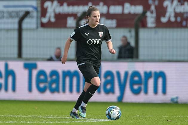 from left Anna Lena Fritz FC Ingolstadt 04, 19 on the ball, cropped image, single image, full body, action, action, match scene, THE DFB GUIDELINES PROHIBIT ANY USE OF PHOTOGRAPHS AS IMAGE SEQUENCES AND OR QUASI VIDEO DFB REGULATIONS PROHIBIT ANY USE OF PHOTOGRAPHS AS IMAGE SEQUENCES AND OR QUASI VIDEO , 17 03 2024, Meppen Germany , Football, 2 Women Bundesliga, SV Meppen FC Ingolstadt 04 xobx