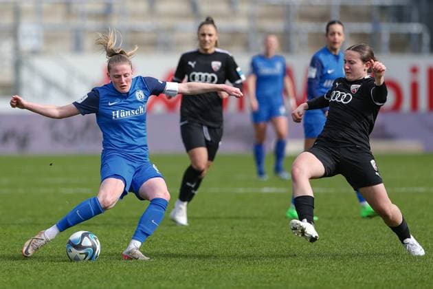from left Sarah Schulte SV Meppen, 16 and Katharina Reikersdorfer FC Ingolstadt 04, 20 in a duel, dynamic, action, action, game scene, THE DFB GUIDELINES PROHIBIT ANY USE OF PHOTOGRAPHS AS IMAGE SEQUENCES AND OR QUASI VIDEO DFB REGULATIONS PROHIBIT ANY USE OF PHOTOGRAPHS AS IMAGE SEQUENCES AND OR QUASI VIDEO , 17 03 2024, Meppen Germany , Football, 2 Women Bundesliga, SV Meppen FC Ingolstadt 04 xobx
