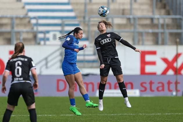 from left Selma Licina SV Meppen, 18 and Ivana Slipcevic FC Ingolstadt 04, 8 in header duel, header, duel, action, action, match scene, THE DFB REGULATIONS PROHIBIT ANY USE OF PHOTOGRAPHS AS IMAGE SEQUENCES AND OR QUASI VIDEO , 17 03 2024, Meppen Germany , Football, 2 Womens Bundesliga, SV Meppen FC Ingolstadt 04 xobx