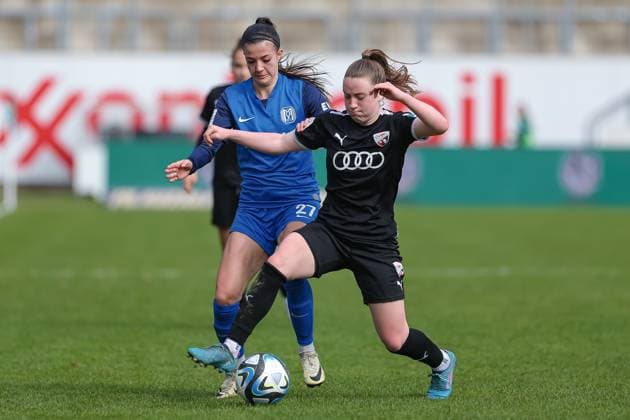 from left Vildan Kardesler SV Meppen, 27 and Lea Wolski FC Ingolstadt 04, 6 in a duel, dynamic, action, action, game scene, THE DFB GUIDELINES PROHIBIT ANY USE OF PHOTOGRAPHS AS IMAGE SEQUENCES AND OR QUASI VIDEO DFB REGULATIONS PROHIBIT ANY USE OF PHOTOGRAPHS AS IMAGE SEQUENCES AND OR QUASI VIDEO , 17 03 2024, Meppen Germany , Football, 2 Women Bundesliga, SV Meppen FC Ingolstadt 04 xobx