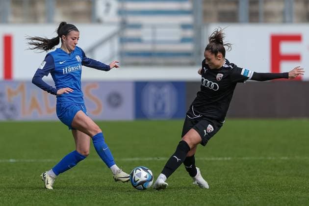 from left Vildan Kardesler SV Meppen, 27 and Ivana Slipcevic FC Ingolstadt 04, 8 in a duel, dynamic, action, action, game scene, THE DFB REGULATIONS PROHIBIT ANY USE OF PHOTOGRAPHS AS IMAGE SEQUENCES AND OR QUASI VIDEO , 17 03 2024, Meppen Germany , Football, 2 Womens Bundesliga, SV Meppen FC Ingolstadt 04 xobx