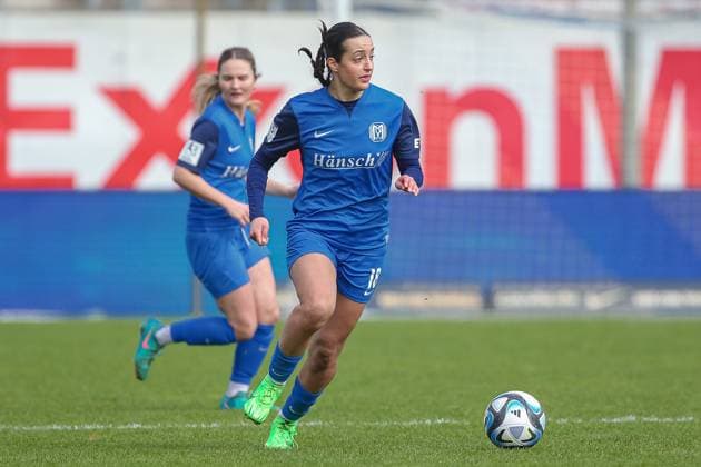 from left Selma Licina SV Meppen, 18 on the ball, single image, full body, action, action, game scene, THE DFB REGULATIONS PROHIBIT ANY USE OF PHOTOGRAPHS AS IMAGE SEQUENCES AND OR QUASI VIDEO , 17 03 2024, Meppen Germany , Football, 2 Womens Bundesliga, SV Meppen FC Ingolstadt 04 xobx