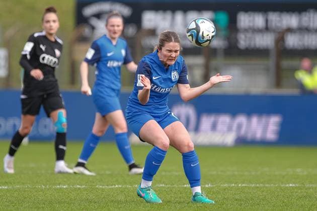 v li Noreen Günnewig SV Meppen, 17 at header, action, action, match scene, THE DFB GUIDELINES PROHIBIT ANY USE OF PHOTOGRAPHS AS IMAGE SEQUENCES AND OR QUASI VIDEO DFB REGULATIONS PROHIBIT ANY USE OF PHOTOGRAPHS AS IMAGE SEQUENCES AND OR QUASI VIDEO , 17 03 2024, Meppen Germany , Soccer, 2 Women Bundesliga, SV Meppen FC Ingolstadt 04 xobx