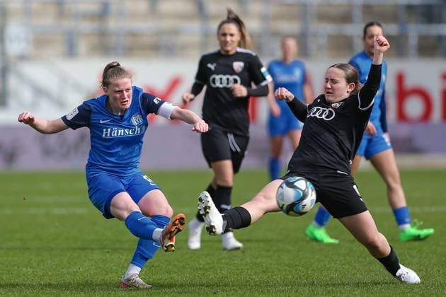 from left Sarah Schulte SV Meppen, 16 and Katharina Reikersdorfer FC Ingolstadt 04, 20 in a duel, dynamic, action, action, game scene, THE DFB GUIDELINES PROHIBIT ANY USE OF PHOTOGRAPHS AS IMAGE SEQUENCES AND OR QUASI VIDEO DFB REGULATIONS PROHIBIT ANY USE OF PHOTOGRAPHS AS IMAGE SEQUENCES AND OR QUASI VIDEO , 17 03 2024, Meppen Germany , Football, 2 Women Bundesliga, SV Meppen FC Ingolstadt 04 xobx