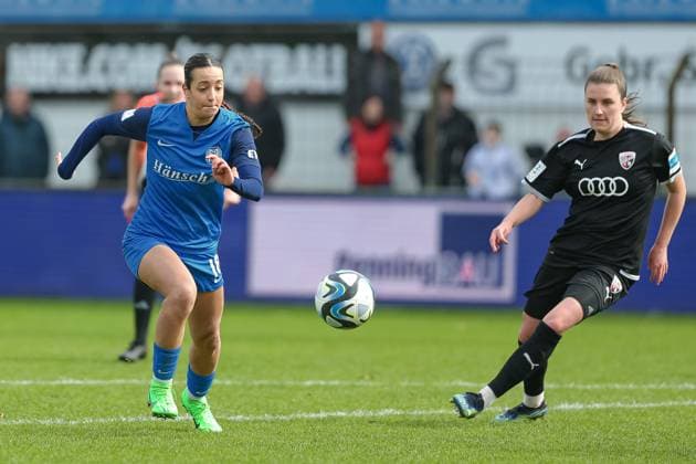 from left Selma Licina SV Meppen, 18 on the ball, single image, full body, action, action, match scene, Anna Lena Fritz FC Ingolstadt 04, 19 , THE DFB REGULATIONS PROHIBIT ANY USE OF PHOTOGRAPHS AS IMAGE SEQUENCES AND OR QUASI VIDEO , 17 03 2024, Meppen Germany , Football, 2 Womens Bundesliga, SV Meppen FC Ingolstadt 04 xobx