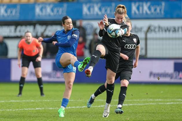 from left Selma Licina SV Meppen, 18 and Lisa Ebert FC Ingolstadt 04, 10 in a duel, dynamic, action, action, game scene, THE DFB REGULATIONS PROHIBIT ANY USE OF PHOTOGRAPHS AS IMAGE SEQUENCES AND OR QUASI VIDEO , 17 03 2024, Meppen Germany , Football, 2 Womens Bundesliga, SV Meppen FC Ingolstadt 04 xobx