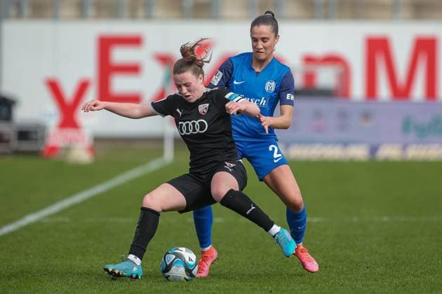 from left Lea Wolski FC Ingolstadt 04, 6 and Jeske Steenwijk SV Meppen, 2 in a duel, dynamic, action, action, game scene, THE DFB GUIDELINES PROHIBIT ANY USE OF PHOTOGRAPHS AS IMAGE SEQUENCES AND OR QUASI VIDEO DFB REGULATIONS PROHIBIT ANY USE OF PHOTOGRAPHS AS IMAGE SEQUENCES AND OR QUASI VIDEO , 17 03 2024, Meppen Germany , Football, 2 Women Bundesliga, SV Meppen FC Ingolstadt 04 xobx