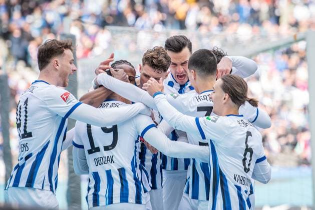 2 Soccer Bundesliga, Hertha BSC vs. FC Schalke 04 Berlin, 17 03 2024 Cheers for 1 0 by Haris Tabakovic Hertha BSC, 25 , Fabian Reese Hertha BSC, 11 , Ibrahim Maza Hertha BSC, 30 , Deyovaisio Zeefuik Hertha BSC, 34 , Jeremy Dudziak Hertha BSC, 19 , Pascal Klemens Hertha BSC, 41 , Michal Karbownik Hertha BSC, 6 2 Soccer Bundesliga, Hertha BSC vs FC Schalke 04, Olympiastadion, Berlin, 17 03 2024 DFL REGULATIONS PROHIBIT ANY USE OF PHOTOGRAPHS AS IMAGE SEQUENCES AND OR QUASI VIDEO Copyright: xBEAUTIFULxSPORTS LucianoxLimax