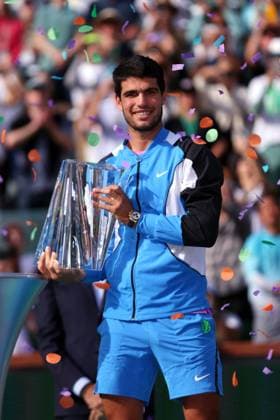 Carlos Alcaraz celebrates victory BNP Paribas Open, Tennis, Day 12, Indian Wells Tennis Garden, California, USA - 17 Mar 2024  Copyright: xEllaxLing Shutterstockx 14386189bp