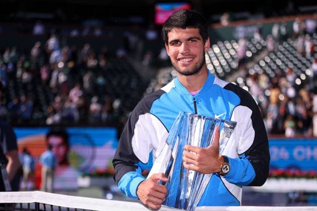 Carlos Alcaraz celebrates victory BNP Paribas Open, Tennis, Day 12, Indian Wells Tennis Garden, California, USA - 17 Mar 2024  Copyright: xEllaxLing Shutterstockx 14386189ca