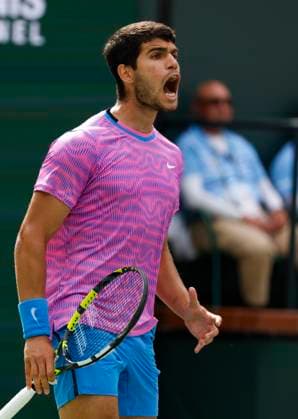 March 17, 2024 Carlos Alcaraz of Spain celebrates winning the first set tiebreak against Daniil Medvedev in the Men s Final during the BNP Paribas Open at Indian Wells Tennis Garden in Indian Wells, CA. CSM Indian Wells United States of America - ZUMAc04_ 20240317_zma_c04_159 Copyright: xCharlesxBausx