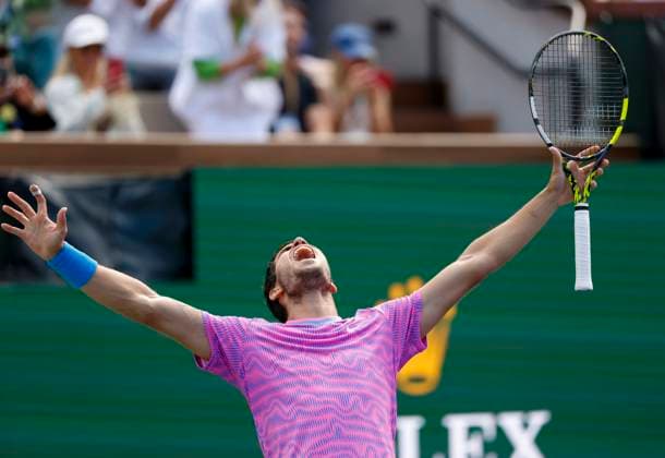 March 17, 2024 Carlos Alcaraz of Spain reacts to winning match point against Daniil Medvedev in the Men s Final during the BNP Paribas Open at Indian Wells Tennis Garden in Indian Wells, CA. CSM Indian Wells United States of America - ZUMAc04_ 20240317_zma_c04_168 Copyright: xCharlesxBausx