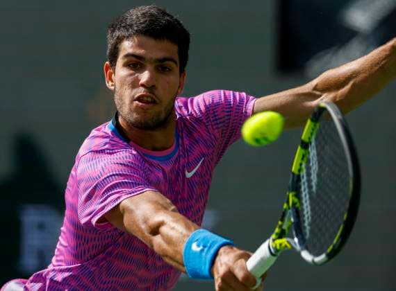 March 17, 2024 Carlos Alcaraz of Spain returns a shot against Daniil Medvedev in the Men s Final during the BNP Paribas Open at Indian Wells Tennis Garden in Indian Wells, CA. CSM Indian Wells United States of America - ZUMAc04_ 20240317_zma_c04_173 Copyright: xCharlesxBausx