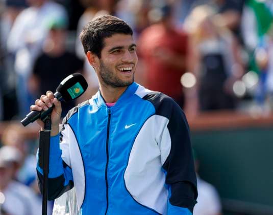 March 17, 2024 Carlos Alcaraz of Spain gives a speech after defeating Daniil Medvedev in the Men s Final during the BNP Paribas Open at Indian Wells Tennis Garden in Indian Wells, CA. CSM Indian Wells United States of America - ZUMAc04_ 20240317_zma_c04_182 Copyright: xCharlesxBausx