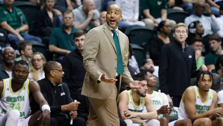March 17, 2024, Florida, USA: South Florida Bulls head coach Amir Abdur-Rahim watches from the sidelines as his team plays against the Tulane Green Wave during the second half at the Yuengling Center on Tuesday, March 5, 2024, in Tampa. USA - ZUMAs70_ 0441099500st Copyright: xTampaxBayxTimesx