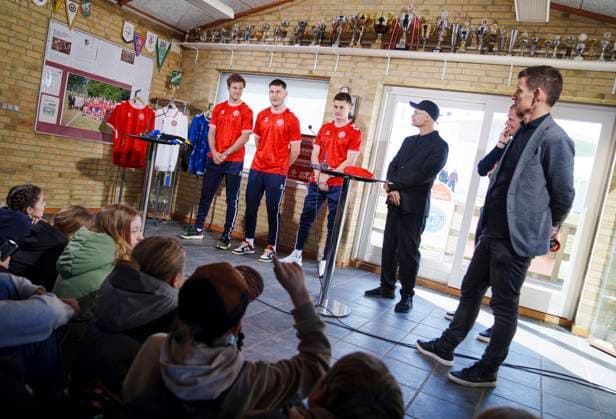 Joachim Andersen, Jonas Wind and Joachim Maehle during the presentation of Denmarks jersey for the UEFA European Championship 2024 finals, in Elsingor, Denmark, Monday 18, 2024 , Copenhagen Denmark  Copyright: Ritzau Scanpix LiselottexSabroex spdk20240318-123008-L