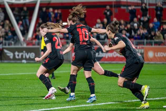 The Leverkusen players celebrate the goal to 1 0 by Lilla Turanyi Bayer 04 Leverkusen, 24 Synne Skinnes Hansen Bayer 04 Leverkusen, 10 and Sylwia Matysik Bayer 04 Leverkusen, 04 Football Google Pixel Womens Bundesliga, Season 2023 2024, Matchday 16, Bayer 04 Leverkusen 1 FC Köln on 18 03 2024 at Ulrich Haberland Stadium in Leverkusen Important note In accordance with the regulations of the DFL German Football League and the DFB German Football Association, it is prohibited to use or have used photographs taken in the stadium and or of the match in the form of sequential images and or video-like photo series Foto Kirchner Media TH Copyright: xKirchner-Media THx