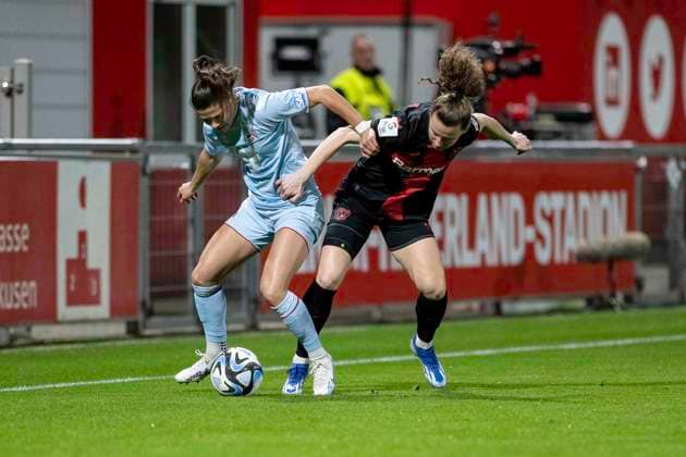 Duel between Martyna Wiankowska 1 FC Koeln, 26 and Synne Skinnes Hansen Bayer 04 Leverkusen, 10 Soccer Google Pixel Womens Bundesliga, Season 2023 2024, Matchday 16, Bayer 04 Leverkusen 1 FC Koeln on 18 03 2024 at Ulrich Haberland Stadium in Leverkusen Important notice According to the regulations of the DFL German Football League and the DFB German Football Association it is prohibited, to utilize or have utilized photographs taken in the stadium and or of the match in the form of sequential images and or video-like photo series Foto Kirchner Media TH Copyright: xKirchner-Media THx