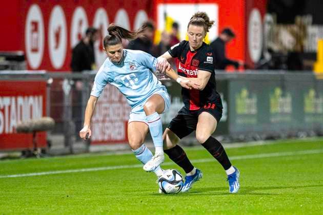 Duel between Martyna Wiankowska 1 FC Koeln, 26 and Synne Skinnes Hansen Bayer 04 Leverkusen, 10 Soccer Google Pixel Womens Bundesliga, Season 2023 2024, Matchday 16, Bayer 04 Leverkusen 1 FC Koeln on 18 03 2024 at Ulrich Haberland Stadium in Leverkusen Important notice According to the regulations of the DFL German Football League and the DFB German Football Association it is prohibited, to utilize or have utilized photographs taken in the stadium and or of the match in the form of sequential images and or video-like photo series Foto Kirchner Media TH Copyright: xKirchner-Media THx