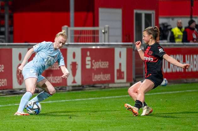 Duel between Anna Gerhardt 1 FC Koeln, 21 and Kristin Koegel Bayer 04 Leverkusen, 11 Soccer Google Pixel Womens Bundesliga, Season 2023 2024, Matchday 16, Bayer 04 Leverkusen 1 FC Koeln on 18 03 2024 at Ulrich Haberland Stadium in Leverkusen Important notice According to the regulations of the DFL German Football League and the DFB German Football Association it is prohibited, to utilize or have utilized photographs taken in the stadium and or of the match in the form of sequential images and or video-like photo series Foto Kirchner Media TH Copyright: xKirchner-Media THx