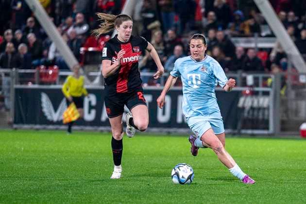 duel between Lilla Turanyi Bayer 04 Leverkusen, 24 , left and Carlotta Wamser 1 FC Koeln, 30 , right Football Google Pixel Womens Bundesliga, Season 2023 2024, Matchday 16, Bayer 04 Leverkusen 1 FC Koeln on 18 03 2024 at Ulrich Haberland Stadium in Leverkusen Important notice According to the regulations of the DFL German Football League or the DFB German Football Association it is prohibited, to utilize or have utilized photographs taken in the stadium and or of the match in the form of sequential images and or video-like photo series Foto Kirchner Media TH Copyright: xKirchner-Media THx