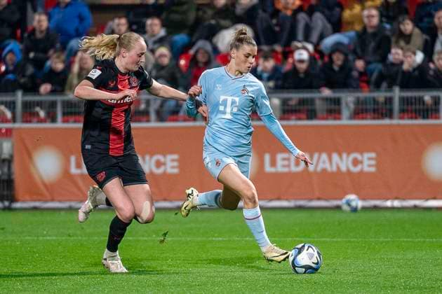 duel between Emilie Bragstad Bayer 04 Leverkusen, 14 and Selina Cerci 1 FC Koeln, 29 , right Football Google Pixel Womens Bundesliga, Season 2023 2024, Matchday 16, Bayer 04 Leverkusen 1 FC Koeln on 18 03 2024 at Ulrich Haberland Stadium in Leverkusen Important notice According to the regulations of the DFL German Football League or the DFB German Football Association it is prohibited, to utilize or have utilized photographs taken in the stadium and or of the match in the form of sequential images and or video-like photo series Foto Kirchner Media TH Copyright: xKirchner-Media THx
