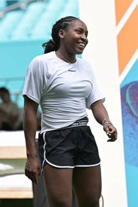 MIAMI GARDENS, FL - MARCH 18: Coco Gauff (USA) is seen on the warm up field at the Miami Open on March 18, 2024, at Hard Rock Stadium in Miami Gardens, FL. (Photo by Michele Eve Sandberg Icon Sportswire) TENNIS: MAR 18 Miami Open EDITORIAL USE ONLY Icon2403180196