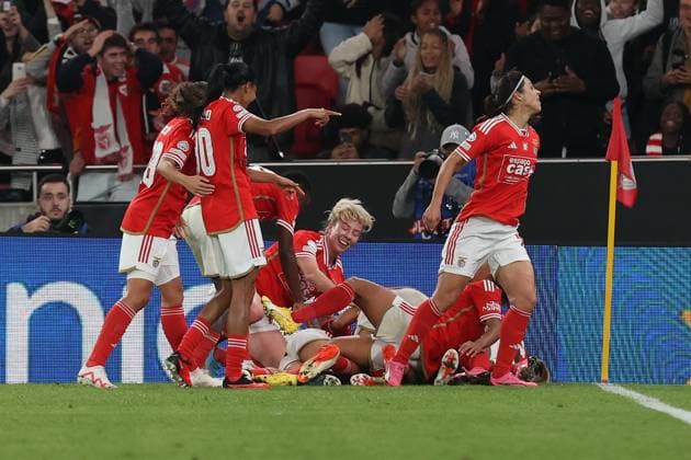 Lisbon, Portugal, Tuesday 19 March 2024 UEFA Women s Champions League 2023 24 1 4 Final SL Benfica Olympique Lyon, SL Benfica Goal celebration, celebrate the goal Copyright: JoaquimxFerreira