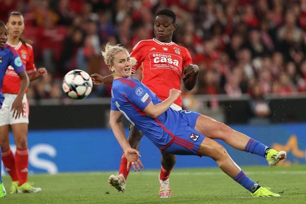 Lisbon, Portugal, Tuesday 19 March 2024 UEFA Women s Champions League 2023 24 1 4 Final SL Benfica Olympique Lyon, goal Lindsey Horan Olympique Lyon , Christy Ucheibe SL Benfica Copyright: JoaquimxFerreira