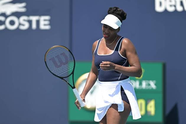 MIAMI GARDENS, FL - MARCH 19: Venus Williams plays in the first match during the Miami Open on March 19, 2024, at Hard Rock Stadium in Miami Gardens, FL. (Photo by Michele Eve Sandberg Icon Sportswire) TENNIS: MAR 19 Miami Open EDITORIAL USE ONLY Icon240304017